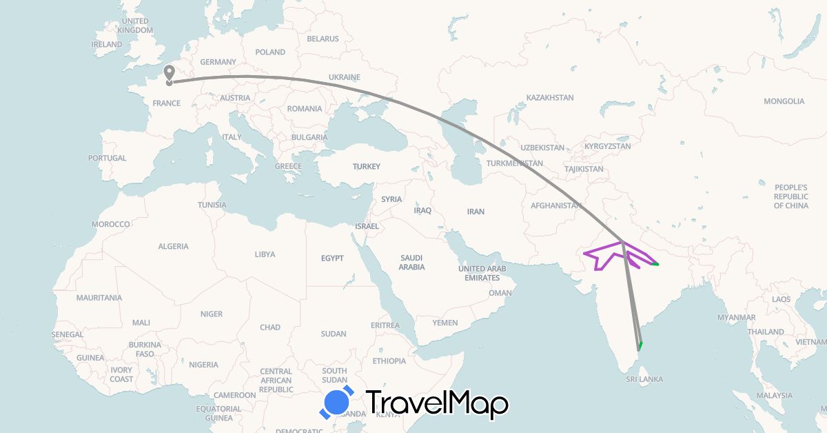 TravelMap itinerary: bus, plane, train in France, India (Asia, Europe)